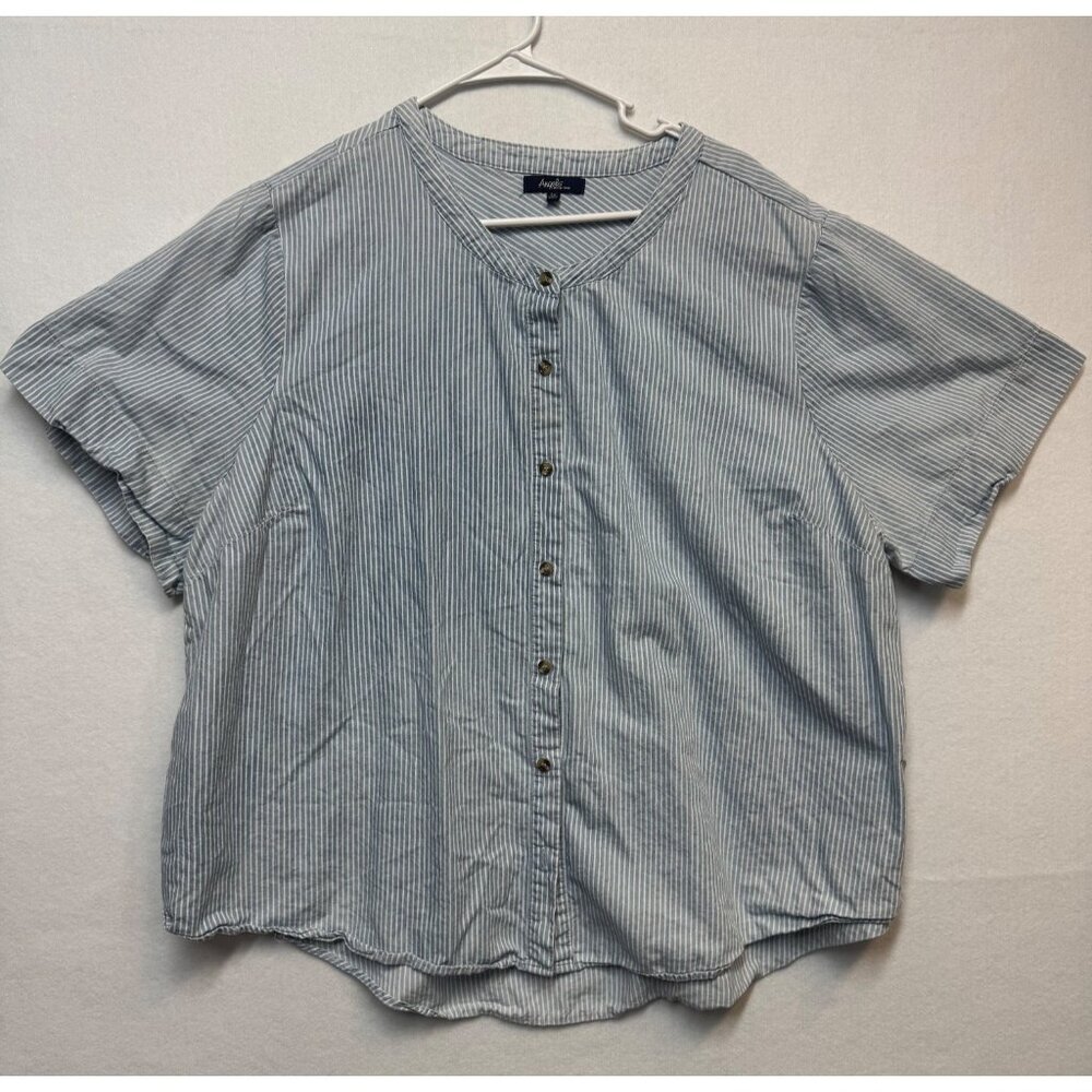 Blue & White Striped Button-Front Short Sleeve Blouse 3X By Angels Forever Young